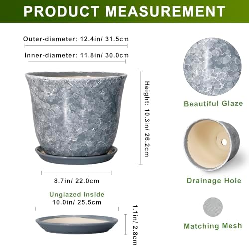 Ceramic Plant Pots - 12 Inch Plant Pot with Drainage Hole and Saucer, Round Planter for Indoor Outdoor, Modern Decorative Planters, Large Flower Pots, Home Decor, Housewarming Gifts, Grey - Image 2