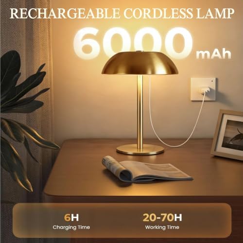 2 Pack Portable LED Mushroom Table Lamp, 12H Cordless Metal Night Light with Rechargeable Battery, Stepless Dimmable 3 Colors Desk Lamp for Bedroom Bar Coffee Shop(Brushed Gold) - Image 4