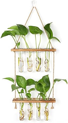 Hyindoor Wall Hanging Planter Terrarium 2 Tired Test Tube Vase Glass Planter Plant Propagation Station Plant Hangers of Rope with Wooden Stand and 8 Tubes for Hydroponic Plant Cutting by Hyindoor