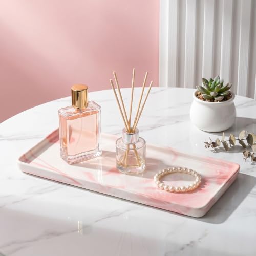 10″ x 3.5″ Ceramic Bathroom Vanity Tray, Rectangular Decorative Countertop Tray for Bathroom Kitchen, Ceramic Organizer Tray for Perfume, Candle, Jewelry, Cosmetics, Soap Dispenser, Marble Pink - Image 2