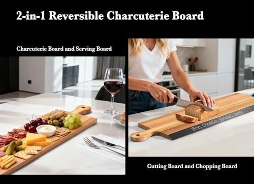32" Acacia Charcuterie Board with Handle – Extra Long Serving Platter with Chalkboard Edge for Cheese, Meat & Appetizers – Large Wooden Kitchen Board for Parties, Gatherings & Home Decor - Image 3