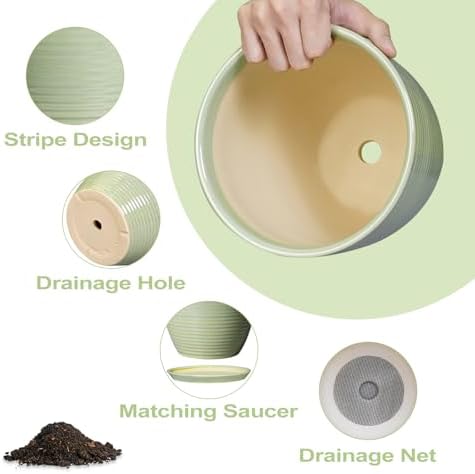Ceramic Planter - 10 Inch Plant Pot for Indoor Outdoor with Drainage Hole and Plant Tray, Modern Round Home Office Patio Room Decor, House Warming Gifts, Green - Image 5