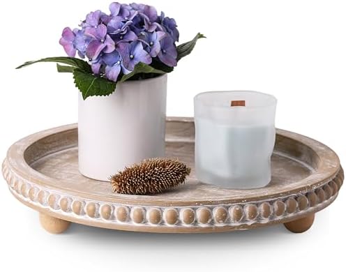 Beige Round Wooden Tray for Decor, Decorative Coffee Table Tray by Nacidooka