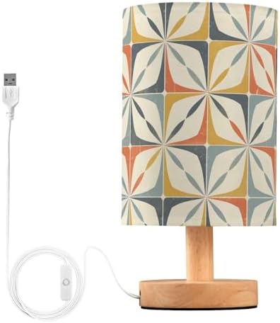 Geometric Mid Century Patterned Table Lamp for Bedroom USB Port Lamps Small Accent Table Lamp Nightstand Lamp Sturdy Linen Shade Wooden Base Decorative Lamps for Bedside Reading|Kids|Dorm|Home by Fustylead