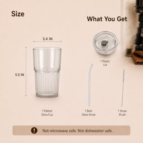 16oz/470ml Ribbed Glass Iced Coffee Tumbler with Lid and Straw, Thick-walled Clear Drinking Glass Cups for Cold Brew, Matcha, Smoothies, Leak-Resistant BPA-Free Travel Mug - Image 7