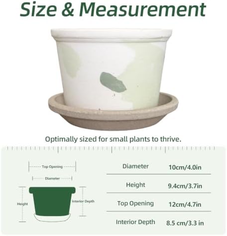 3.3 Inch Small Ceramic Planter Pot with Drainage Hole and Saucer, Artistic Spotted Flower Pot for Indoor Succulent Plants, Home Office Desk Decor(White&Green) - Image 4