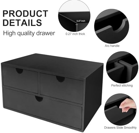 Charmewooden Bamboo Desk Organizer with 3 Drawers, Countertop Organizer with Drawers Makeup Storage Drawer 3 Drawer Tabletop Storage Organization Box Home Office Workspace（Black） - Image 4