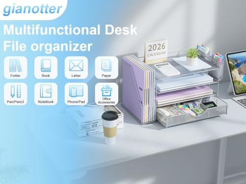 gianotter Desk Organizers and Accessories with File Holder, 4-Tier Desk Accessories & Workspace Organizers with Drawer and 2 Pen Holder, Paper Organizer for Office Supplies (Grey) - Image 3