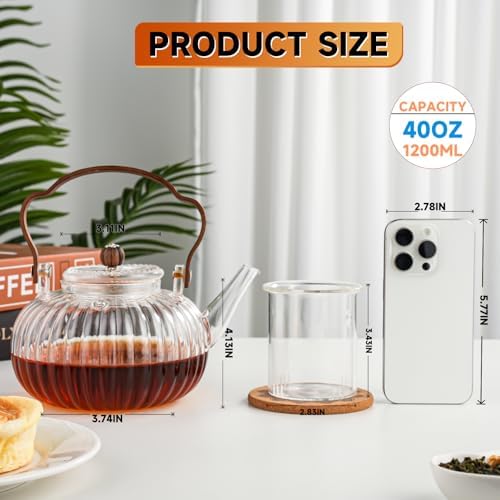 40OZ/1200ML Glass Pumpkin Teapot with Removable Infuser & Lid, Stovetop & Microwave Safe Clear Borosilicate Glass Tea Maker Water Kettle for Loose Leaf Blooming Tea - Image 2
