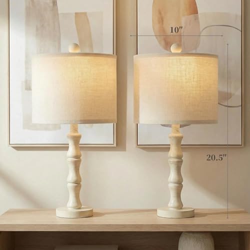BOBOMOMO 20.5" Farmhouse Bedside Lamps Set of 2, Vintage Nightstand Lamps with Antique White Resin Base & Linen Shade, Small Table Lamps for Bedroom, Living Room, Nursery & Light Neutral Home Décor - Image 4