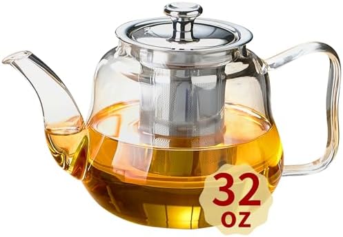 Glass Tea Pot with Infuser and Lid, Heat Resistance Borosilicate Glass Tea Kettle for Gas Stovetop, Suit for Blooming and Loose Leaf Tea, 32 fl oz by Unbreakable