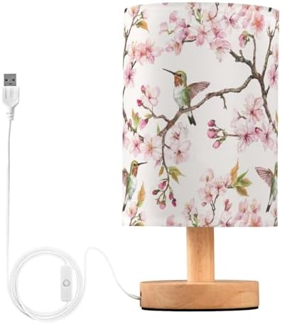 Pink Cherry Blossoms Hummingbird Bedside Table Lamps with USB Port for Bedroom Lamp Table Lamp Small Nightstand Lamp Sturdy Linen Shade Wooden Decorative Lamps for Home Dorm Office Living Room by Fustylead