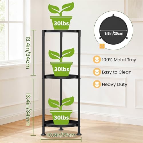 LASZOLA Plant Stand Indoor Tall Corner with Large Metal Tray, 3 Tier Black - Image 2