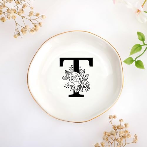 JoycuFF Initial T Ceramic Jewelry Tray, Bridesmaid Bride Gifts, Mothers Day Christmas Anniversary Engagement Birthday Gifts for Women Couples, Trinket Dish for Rings Earrings Necklaces Bracelets Keys by Joycuff