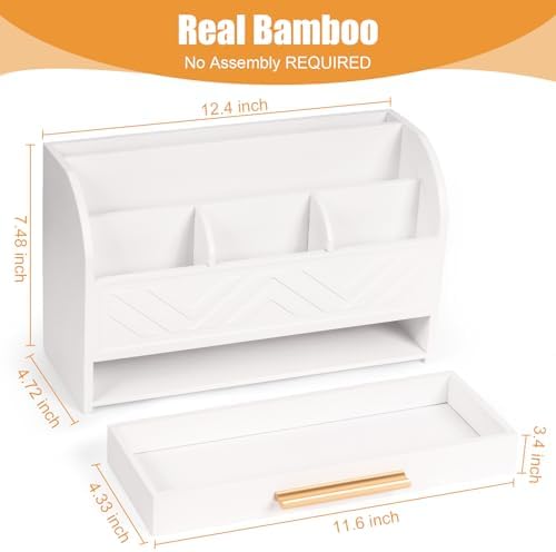 Charmewooden White Desk Organizer with Drawer, Pen Holder & Mail Sorter for Home Office - Image 4