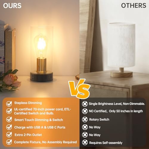 Touch Control Bedside Lamp with Charging Station，Black Gold Small Lamp - Image 5