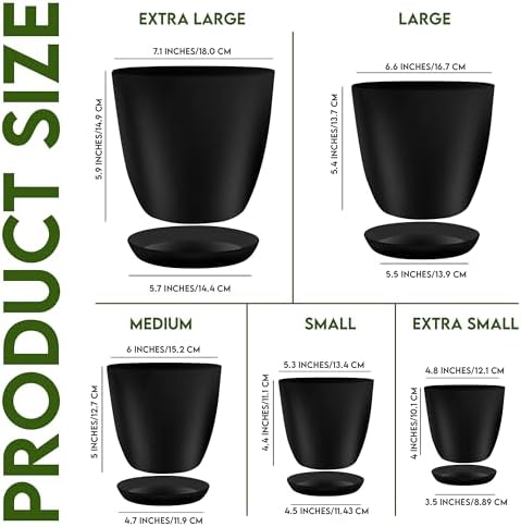 Plant Pots Indoor with Drainage, 5 Pack Multi-Size Planters Set, Black - Image 2
