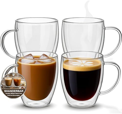 12oz Double Walled Glass Coffee Mugs with Handles, Set of 4 by SHANDERBAR+