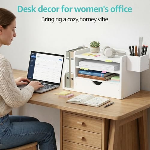 Wood Desk Organizers and Accessories with Drawer - White 3 Tier Paper Tray and Desktop Storage Caddy for Office Supplies, Slanted File Folder Holder and Pen Cup, Dorm Essentials for School - Image 7