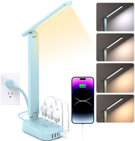 LED Desk Lamp, Power Strip with 4 USB 3 Outlets, Dorm Room Essentials, Blue by OneBeat