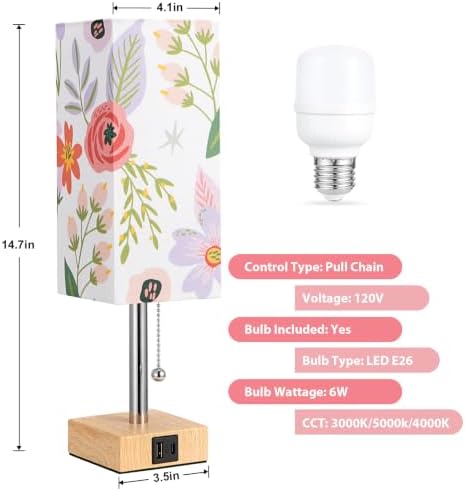 aooshine Flower Small Table Lamp for Bedroom - 3 Color Temperature 3000K 5000K 4000K Bedside Lamp, Pull Chain Control, USB A and C Ports, Bulb Included - Image 4