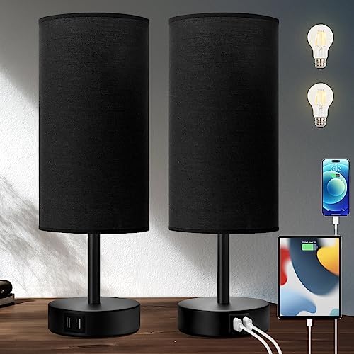 Yarra-Decor Bedside Lamps with USB Port - Touch Control Table Lamp for Bedroom 3 Way Dimmable Nightstand Lamp Set of 2 with Round Black Fabric Shade for Living Room, Dorm, Home Office (Black, 2 Pack) by Yarra-Decor