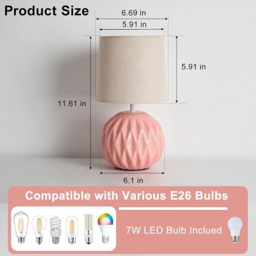 Pink Ceramic Table Lamp with Linen Shade, Small Bedside Lamp for Bedroom - Image 3
