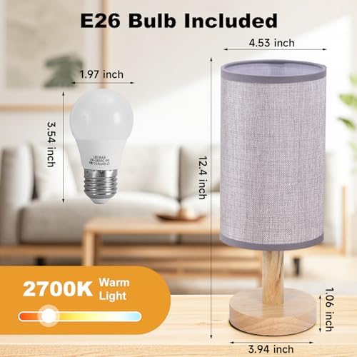 Gray Small Bedside Table Lamp for Bedroom,Natural Round Wood Base&Fabric Linen Shade,Cozy Night Table Light for Study Reading,Minimalist Boho Desk Lamp for Nightstand,Living Room,Nursery,Kitchen,Dorm - Image 4