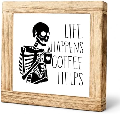Funny Coffee Skeleton Sign, Life Happens Coffee Helps Wood Plaque, Halloween Kitchen Counter Decor, Gothic Coffees Bar Shelf Accent For Office Desk Cafe Corner, 5.9 x 5.9 in by Unknown