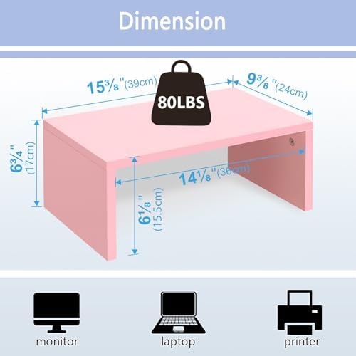 TEAMIX Pink Monitor Stand - 6.7 inch Tall, Wood Riser, Desktop Organizer - Image 3