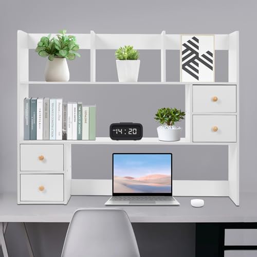 Desk Organizer with Drawers Desk Shelf Desk Hutch Tabletop Shelf with Drawers Desktop Hutch with Storage Desktop Bookshelf for Home Office Dorm Wood (39.4x6.7x31.5in) - Image 2