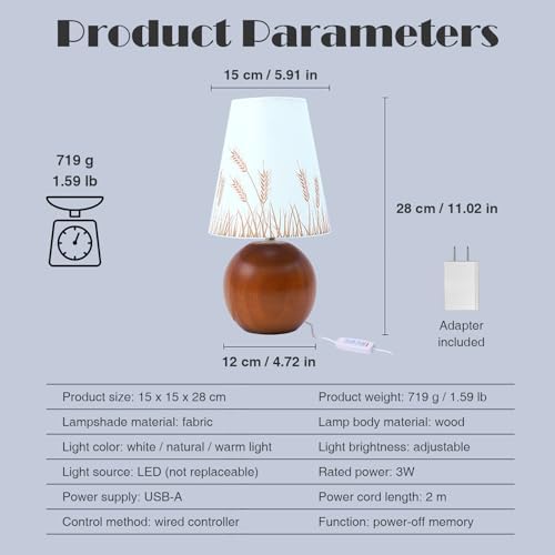 Vintage Wooden Base Fabric Night Lamp, Adjustable Light Color and Brightness with Power-Off Memory, Safe USB Powered, Retro LED Table Light for Bedroom Living Room Office (Wheat) - Image 6