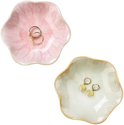 2PCS Lotus Leaf Shape Ring Holder Dish, Small Key Bowl, Ceramic Trinket Tray Jewelry Dish Organizing Necklace Earrings for Mom Friend Sister, All Jewelries Are NOT Included.Pink+Light Green.… by JAMEND+CLXP