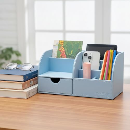 UnionBasic Desk Organizer - Multifunctional Leather Desktop Pen Holder Storage Box - Business Card/Pen/Pencil/Mobile Phone/Stationery Holder, Blue - Image 5