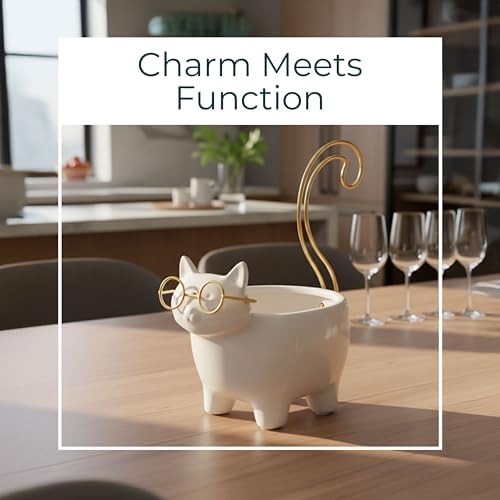 Ceramic Jewelry Dish & Trinket Tray – Ring Dish and Catchall for Everyday Accessories, Vanity or Nightstand Display – Cat Silhouette Decorative Tray Accent, Home Decor – 6", White & Gold - Image 3