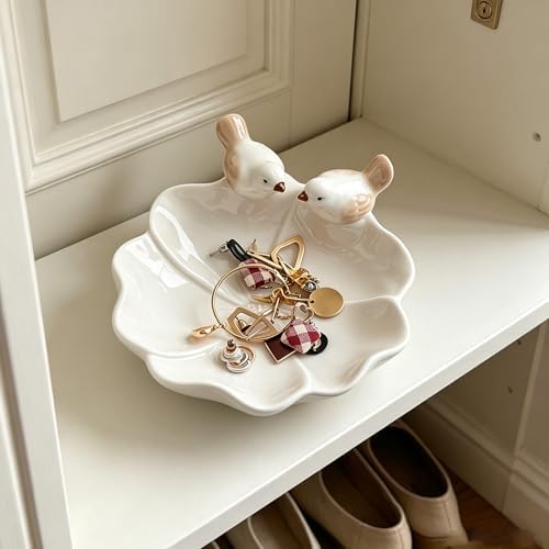 Ceramic Jewelry Tray Trinket Dish, Cute Bird & Lotus Leaf Design, Ring Holder, Seasoning Condiment Dish, Aesthetic Vanity Desk Decor for Bedroom Bathroom (white) - Image 4