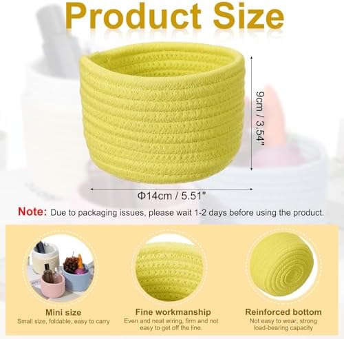 uxcell Yellow Small Cotton Rope Woven Storage Basket, Shelf Closet Storage Gift Woven Baskets Cute Nursery Box Bin Decor Organization Bin for Home Supply, Round, 5.6x3.6 - Image 2
