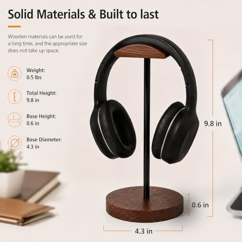 Headphone Holder Stand for Desk, Wood and Metal Headset Hanger Mount Hook Gaming Holder Desktop Earphone Artful Functional Craftsmanship Stand for All Headsets with Solid Wooden Base - Image 6