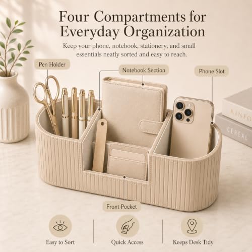 KINGFOM Aesthetic Desk Organizer for Women, Luxury Faux Leather Desk Accessories with 4 Compartments, Minimalist Vanity Organizer for Makeup Brushes, Beige Office Decor for Home, Bedroom & Workspace - Image 3