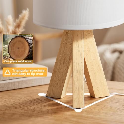 Tripod Table Lamp Small Bedside Lamp with White Fabric Shade, Mid Century Modern Nightstand Lamp for Bedroom Living Room Office Nursery, Wooden Legs(Cylindrical) - Image 3