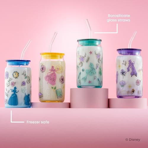 JoyJolt Disney Princess Icon Glass Tumblers with Lids and Straws, 16oz Glass Cups with Lids and Straws ft Princess Jasmine Ariel Cinderella Belle, 4pc Can Shaped Drinking Glasses, Iced Coffee Cups - Image 5
