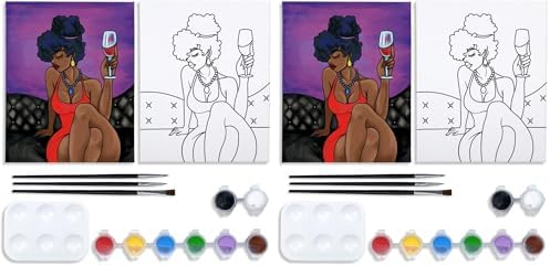 VOCHIC Sip and Paint Pre Drawn Canvas for Painting for Adults Party Kits Party Supplies 8x10 Canvas to Paint 8 Acrylic Colors,3 Brush,1 Pallet Chic Girl Art Set (Pack of 2) by VOCHIC