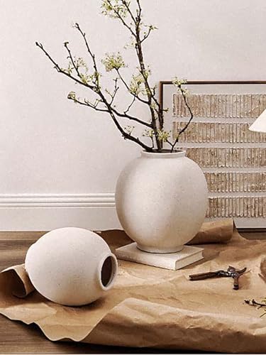 White Ceramic Vase - Large 13.5 Inch Round Floor Vase for Centerpieces, Farmhouse Flower Vases, Rustic Minimalist Home Decor (Sandstone White) - Image 5