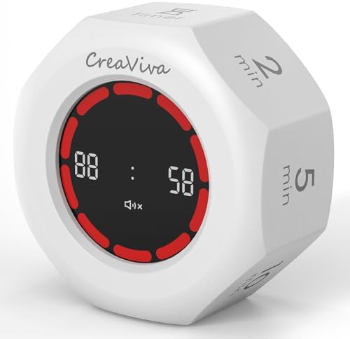 Flip Cube Pomodoro Timer - Rechargeable Visual Countdown & Count Up Stopwatch, 7 Preset Intervals, 3 Alarm Modes, Productivity Tool for ADHD, Kids, Study, Work & Kitchen (White) by CreaViva