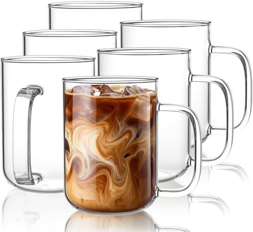 Glass Coffee Mugs, 20 oz Ice Coffee Cups Set of 6, Large Clear Tea Cups, Glass Mugs with Handles for Hot Beverages, Glass Cups for Latte, Cappuccino, and Tea by BWODYAY