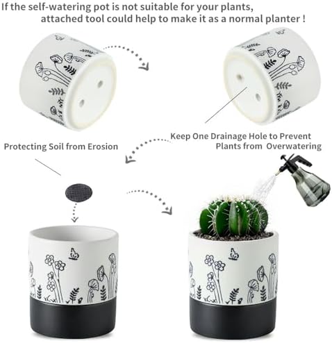 Nihow Self Watering Pots for Indoor Plants,4.5 Inch,White,Hand Painting - Image 4