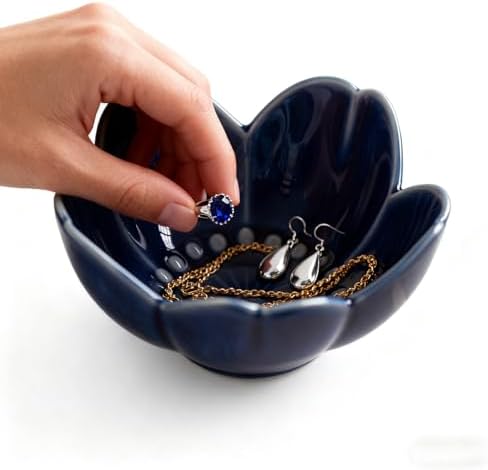 Blue Flower Ring Dish Jewelry Tray, Ceramic Jewelry Dish, Small Trinket Tray, Nightstand Bathroom Decor Ring Holder, Jewlery Plate Bowl for Christmas Friendship Birthday Gifts for Women Mom - Image 3