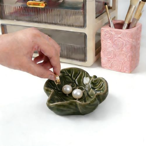 3.5' Green Leave Ceramic Jewelry Tray Set of 2 for Dressing Table - Image 4