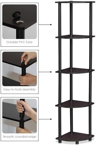 Furinno TURN-N-TUBE Corner Shelf, 5-Tier Corner Bookshelf, Open Storage Shelves, for Organization and Storage, Living Room, Home Office, Garage, Bedroom, Dark Walnut - Image 6