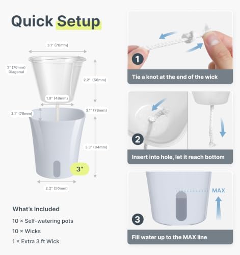10 Pack 3" Self Watering Pots for Indoor Plants, Clear Inner Cup, Small Blue Grey Plastic Planter, Water Level Indicator,Drainage Hole, Extra 3ft Wick, Cutting,Seedling,Herb,African Violet - Image 6